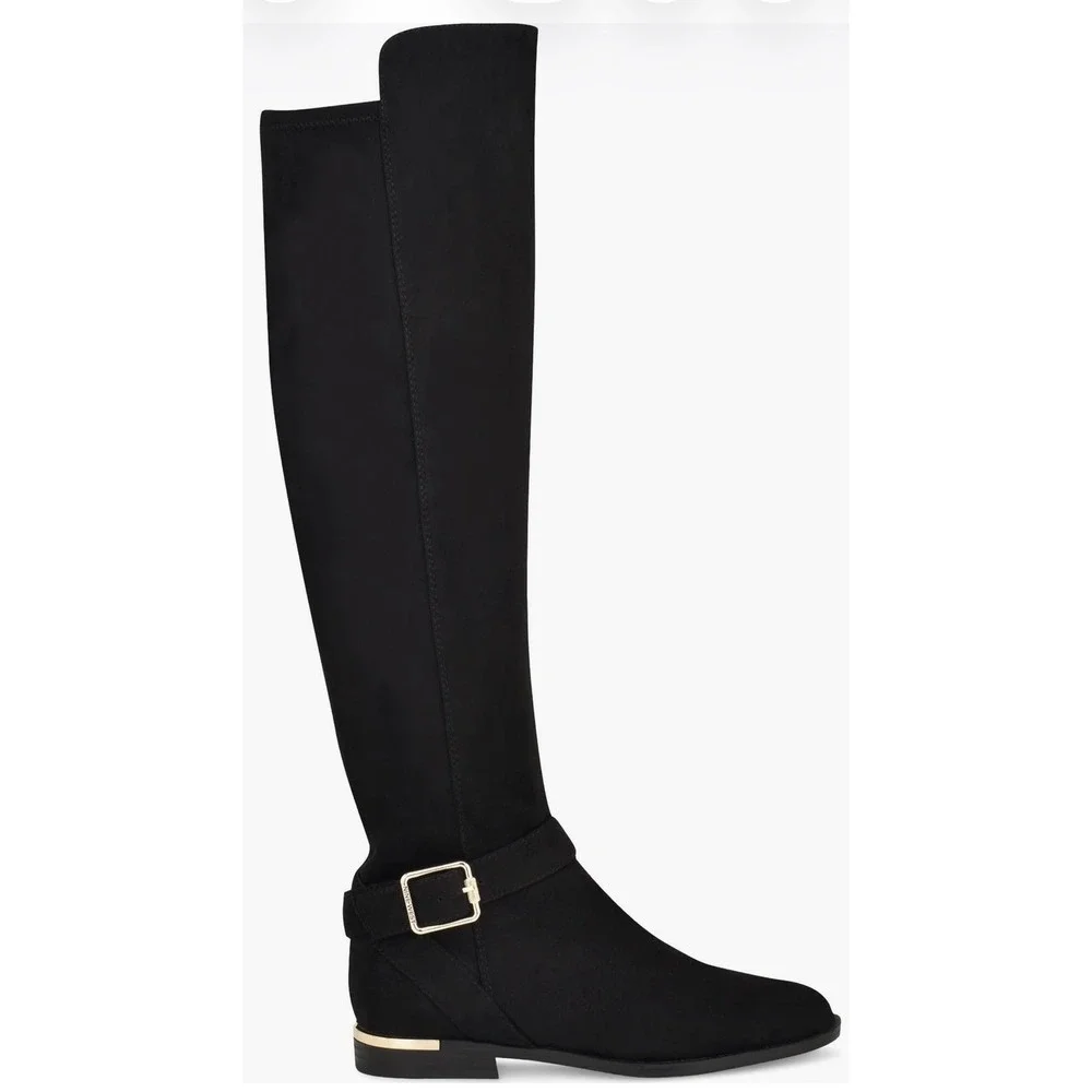 Nine West Black Suede Tall Knee High Buckle Boots Gold Trim Womens Size 8M